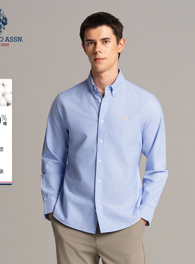 USPA男士长袖衬衫100%纯棉美式休闲纯色立领衬衣商务休闲男款上衣