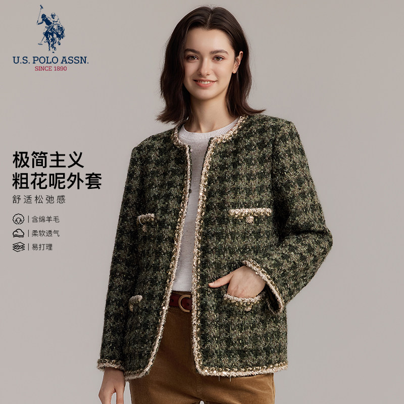 U.S. POLO ASSN.粗花呢含绵羊毛小香风外套女 复古格纹气质上衣
