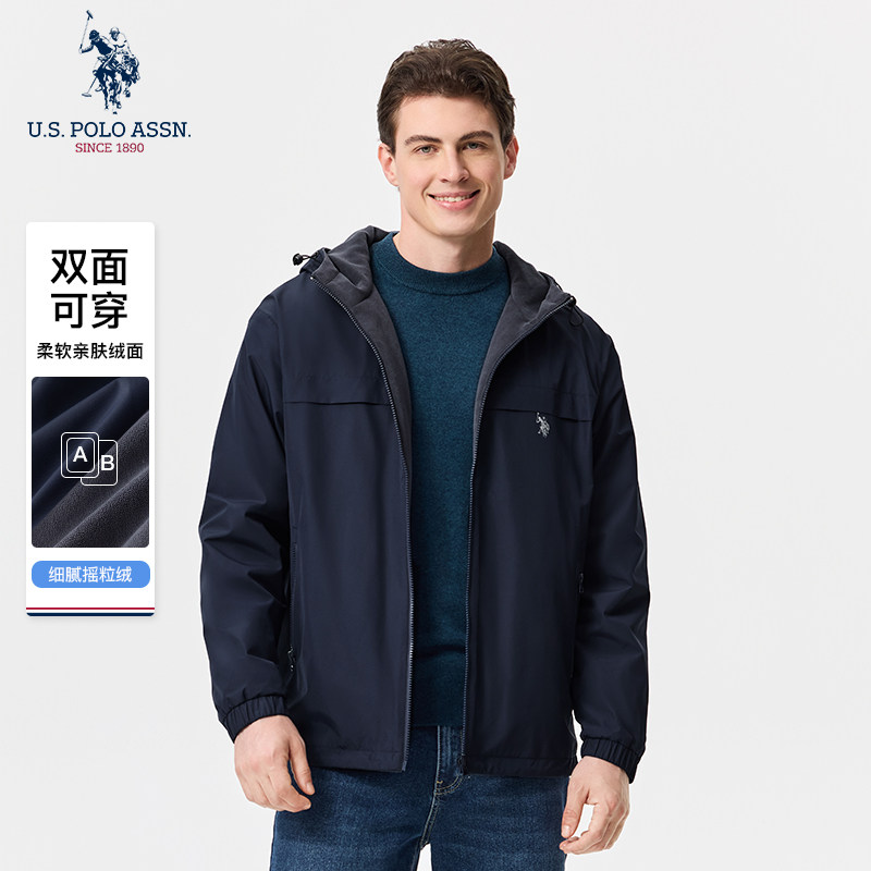 【双面穿】USPA男士夹克连帽立领美式休闲保罗摇粒绒男装上衣外套