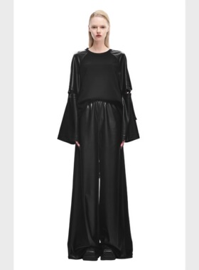 KUNSWEAR/琨丝薇尔25FA 女装极简纯色松紧抽绳百搭阔腿裤皮裤