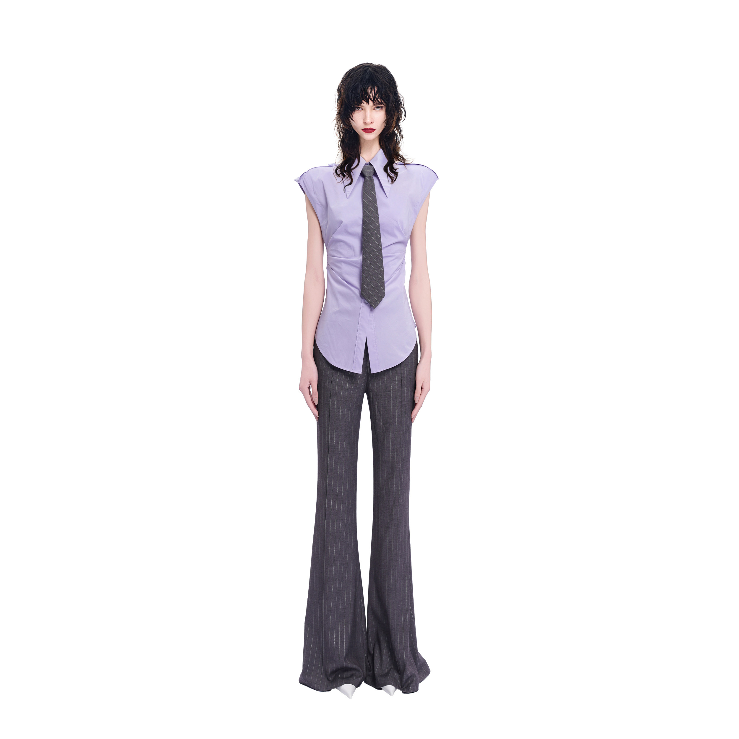 KUNSWEAR/琨丝薇尔26SU 无袖肩章领带收腰紫色衬衫上衣 844004281