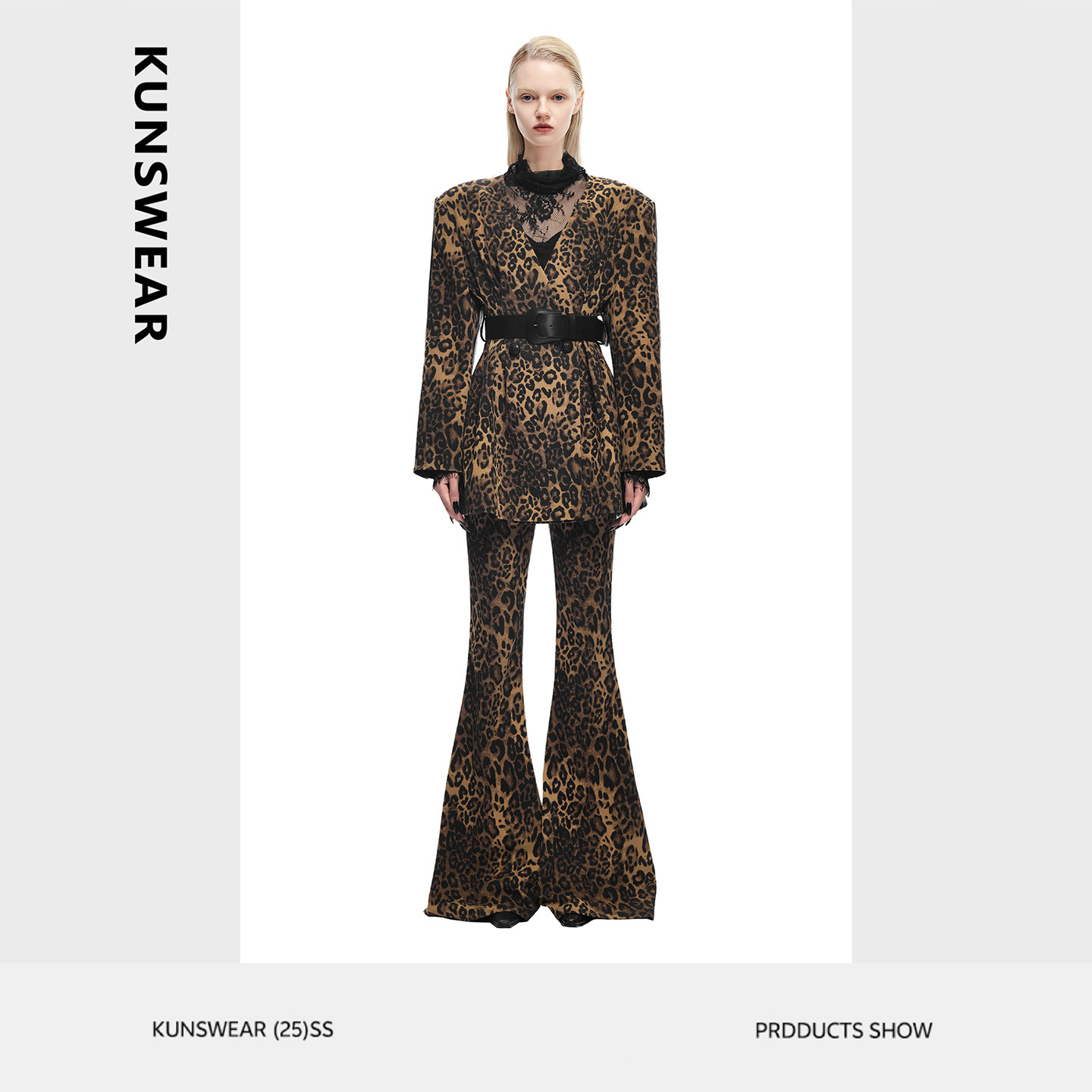 KUNSWEAR/琨丝薇尔 西装外套女2025新款收腰复古豹纹皮衣拼接西服