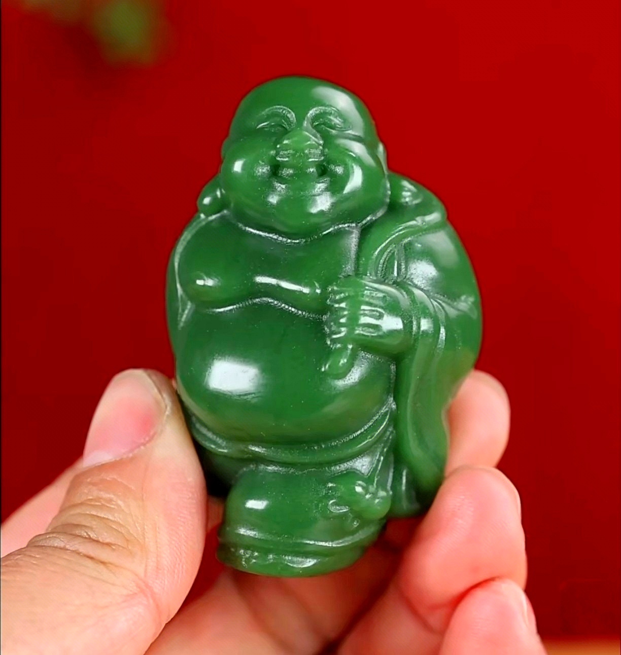 精雕新疆和田玉碧玉佛公挂件老坑料菠菜绿笑佛弥勒佛手把件小把件