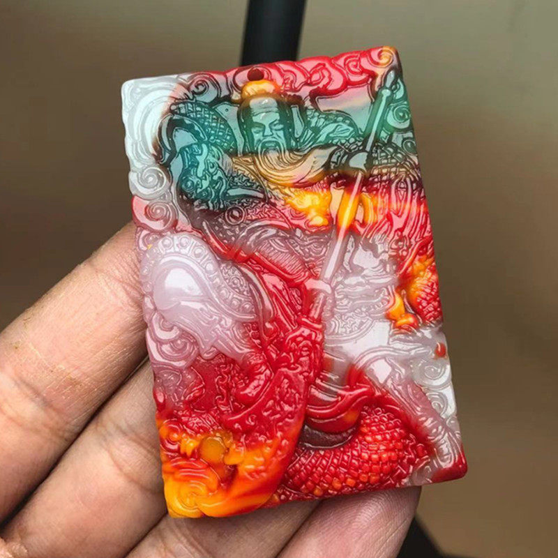 天然正品新疆和田玉彩玉关公吊坠男士项链玉牌关二爷金丝玉佩挂件