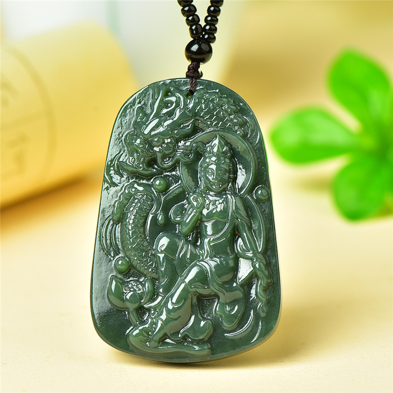 正品天然新疆和田玉青玉御龙观音菩萨男女精雕玉石玉佩项链生肖龙
