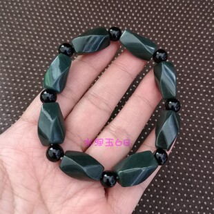 正品新疆和田玉青玉菱形手链男女款天然墨玉手串棱形玉珠子玉石