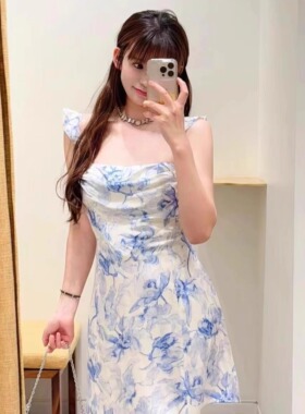 maSande25春夏 新款女装蓝色印花短款露背吊带连衣裙MFPRO04234