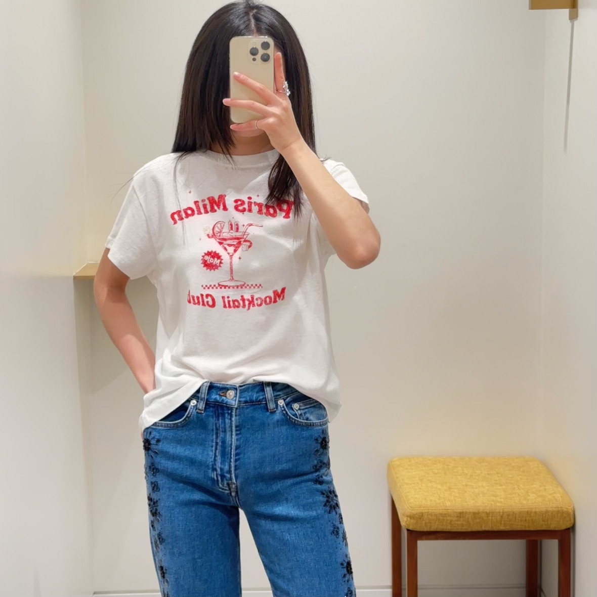 maSande浅春系穿搭2025春夏新款女装白色印花短袖针织T恤MFPTS009