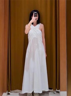 maSande2025夏季新款时尚女装法式气质压褶白色挂脖连衣裙SFPRO04