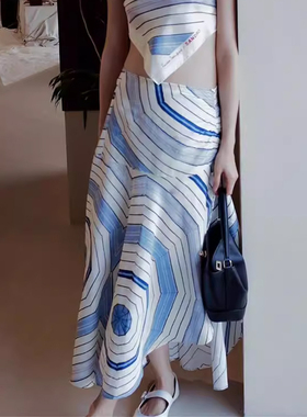 maSande2025春夏新款女装法式几何图案印花不规则印花半身裙SFPJU
