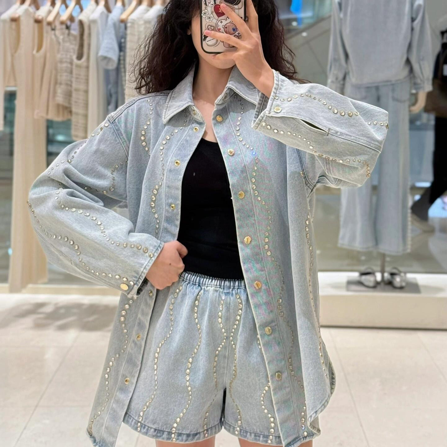 maSande2025春夏新款女装浅春系穿搭钻饰水波纹牛仔衬衫SFPCM0129