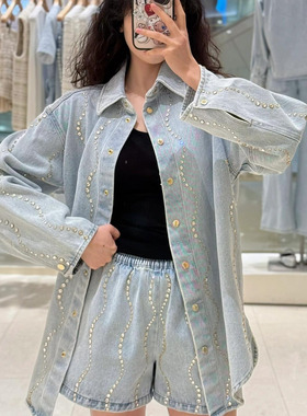 maSande2025春夏新款女装浅春系穿搭钻饰水波纹牛仔衬衫SFPCM0129