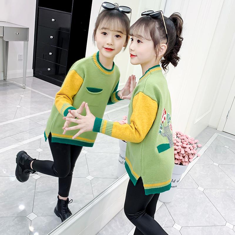 童毛衣225新款中大童女卡通撞色钩花针织衫洋0气女孩套头线衫上衣