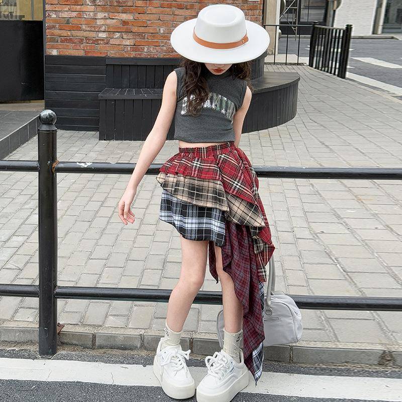 女童夏装裙子2025新款儿童炸街无袖背心半身裙夏季不规则短裙套装