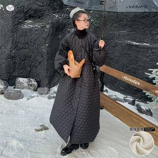 女童夹棉过膝长款棉服205年外冬2季新款中大童菱形格棉大衣保暖套