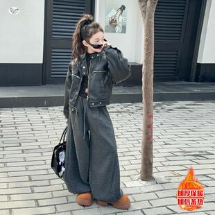 加加绒阔腿裤 机车夹衫 两件套 中大童短款 女童厚皮衣2克025秋冬新款