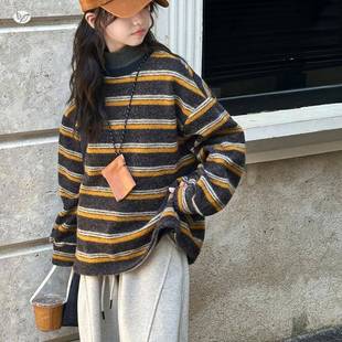 女童尚2025年秋冬新款加加厚时横绒条纹洋气打底厚卫裤儿童童套装