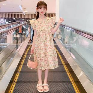 夏季女童碎花连衣裙棉布纯裙香风飞袖背心全棉中大童粉田园风裙洋
