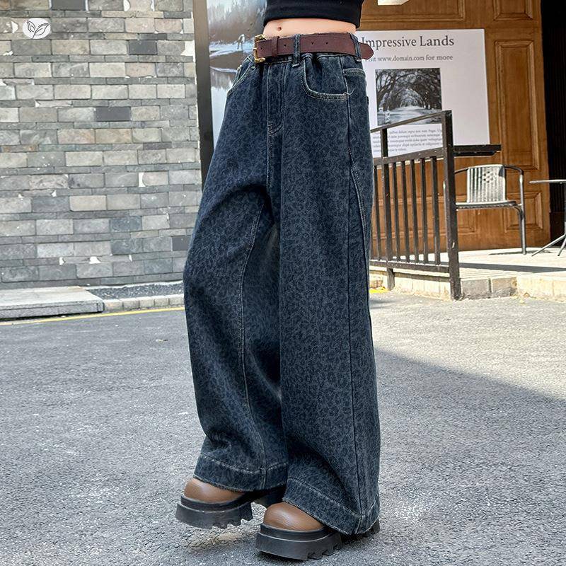 女童2025秋冬加绒加厚纹牛闲仔裤中大豹童休阔腿裤直筒裤拼接长裤