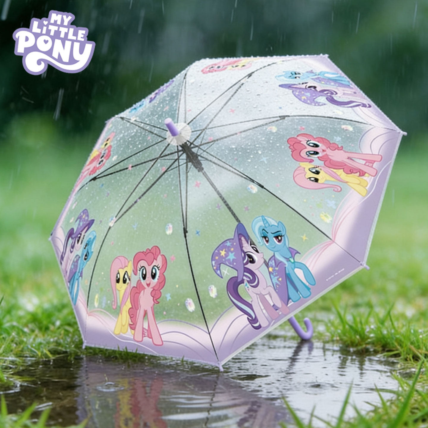 儿童雨伞女童透明直伞女童长柄伞学生卡通半自动上学专用小马宝莉