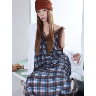 复古甜美气质蕾丝拼格纹吊带裙9099 HELLOTANGO 繁花私语2.0