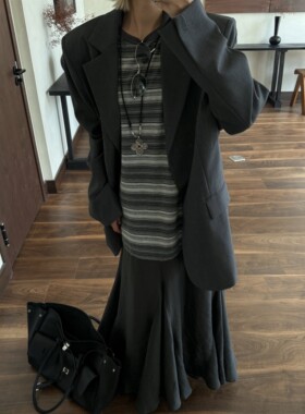 HELLOTANGO《情绪独白》短袖拼接薄纱天丝混纺鱼尾连衣裙65721#