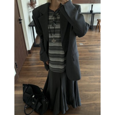 HELLOTANGO《情绪独白》短袖拼接薄纱天丝混纺鱼尾连衣裙65721#