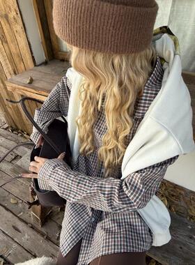 HELLOTANGO《叠穿搭档》秋冬复古阔版撞色格纹翻领衬衫25987#