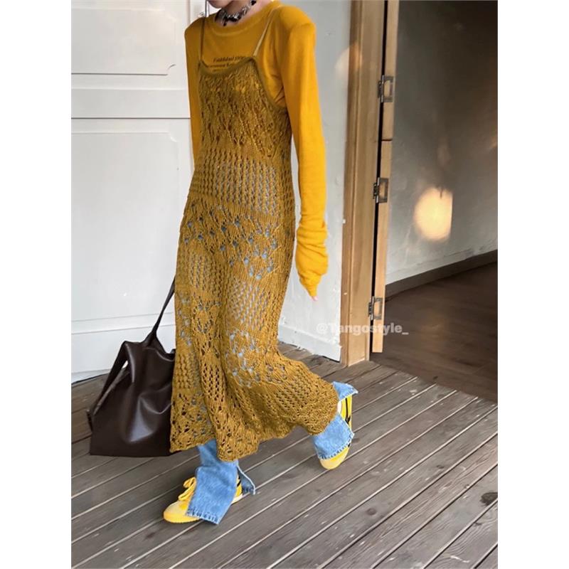 HELLOTANGO《浪漫小剧场》小众镂空吊带针织连衣裙罩衫8023#