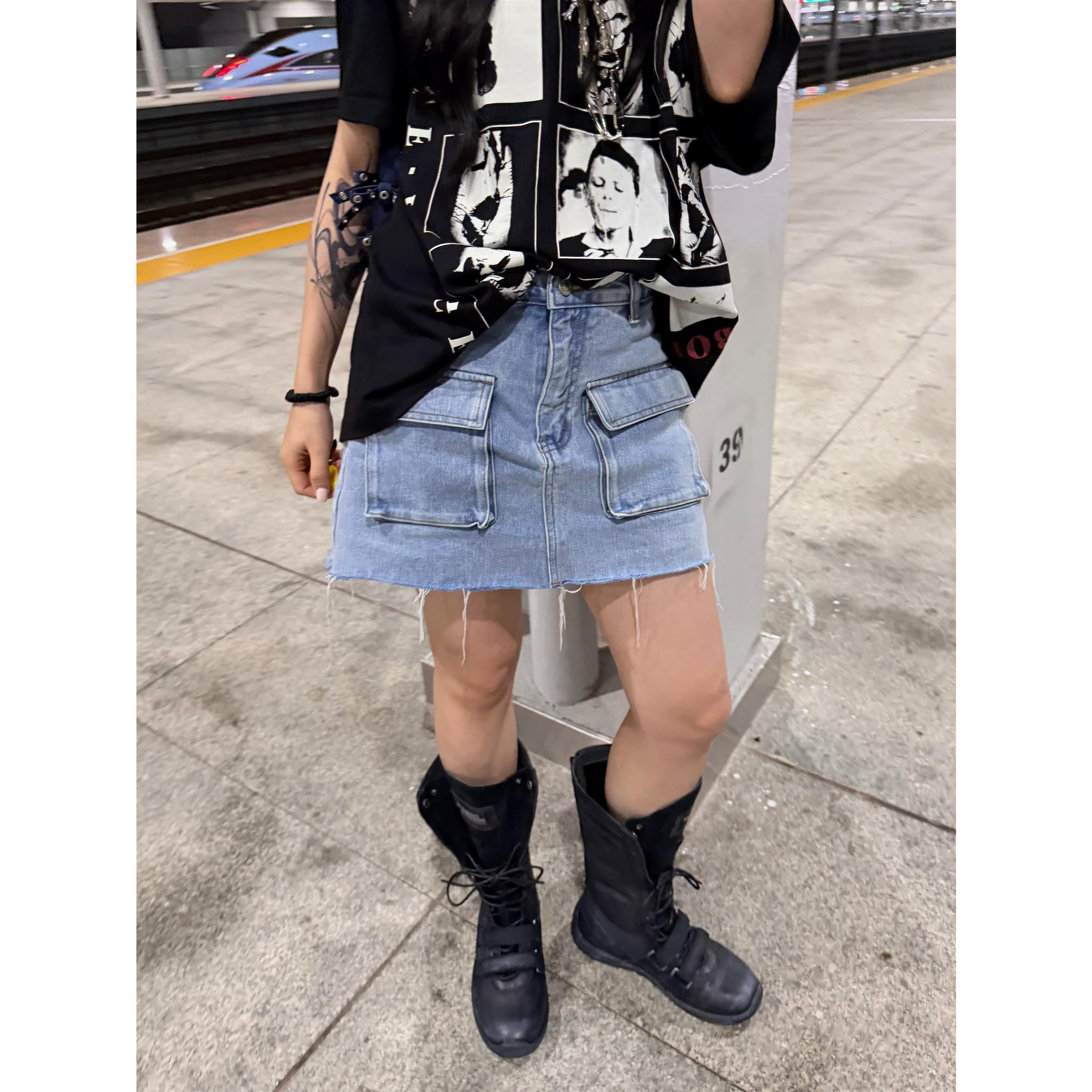 HELLOTANGO《夏日轨迹》夏季韩系做旧水洗毛须百搭牛仔半身裙F212