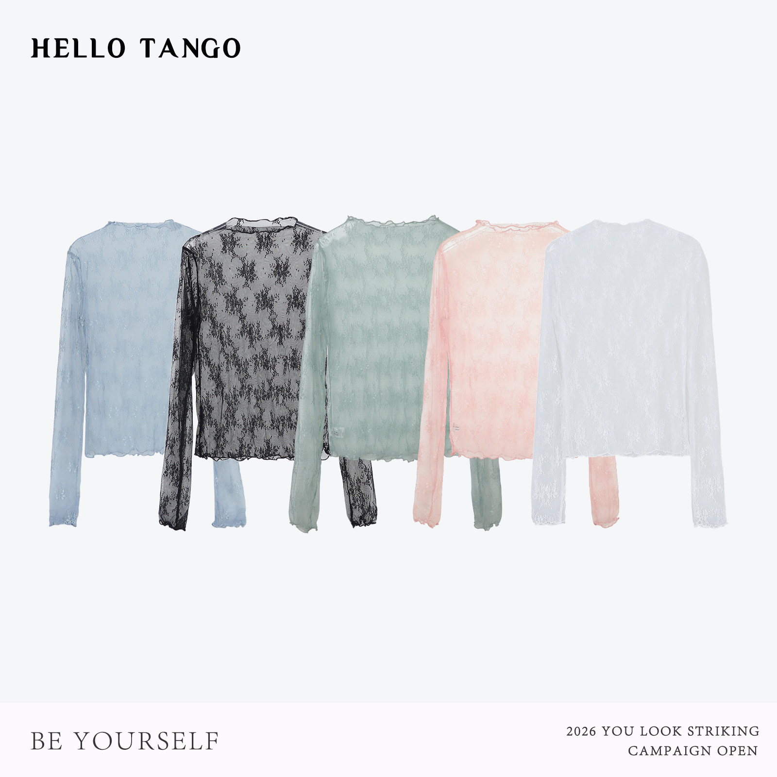 HELLOTANGO《色彩派对》小众时尚百搭纯色透视蕾丝长袖打底54424#