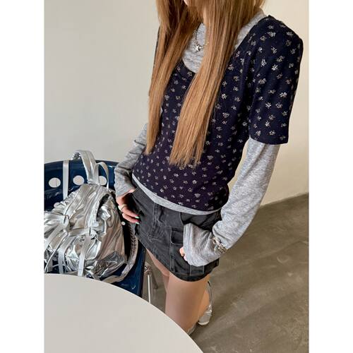 HELLOTANGO《碎花轻语》春夏韩系碎花假两件休闲百搭长袖T恤56033