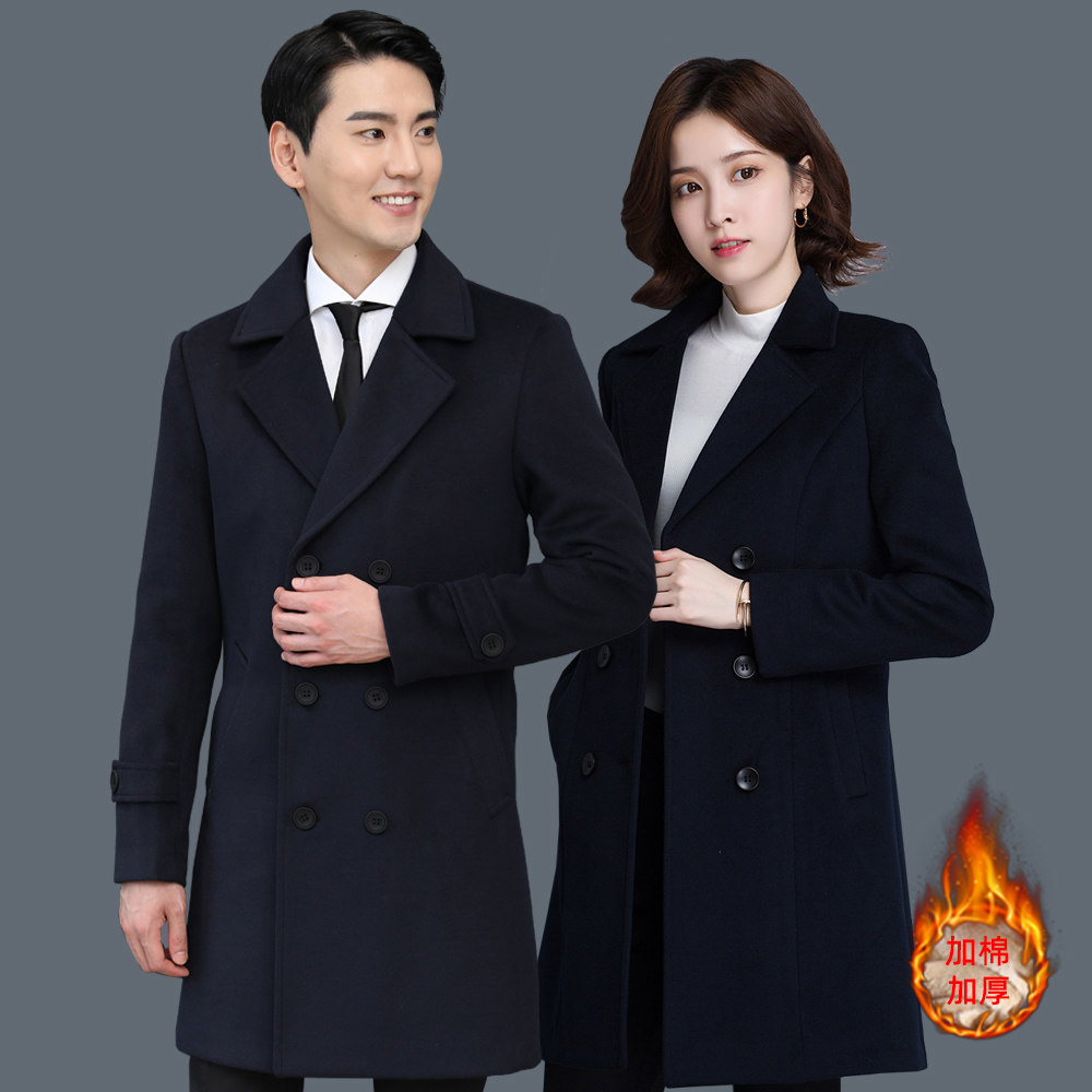 冬装呢子大衣工作服加棉中长款外套韩版修身职业装高端气质双排扣