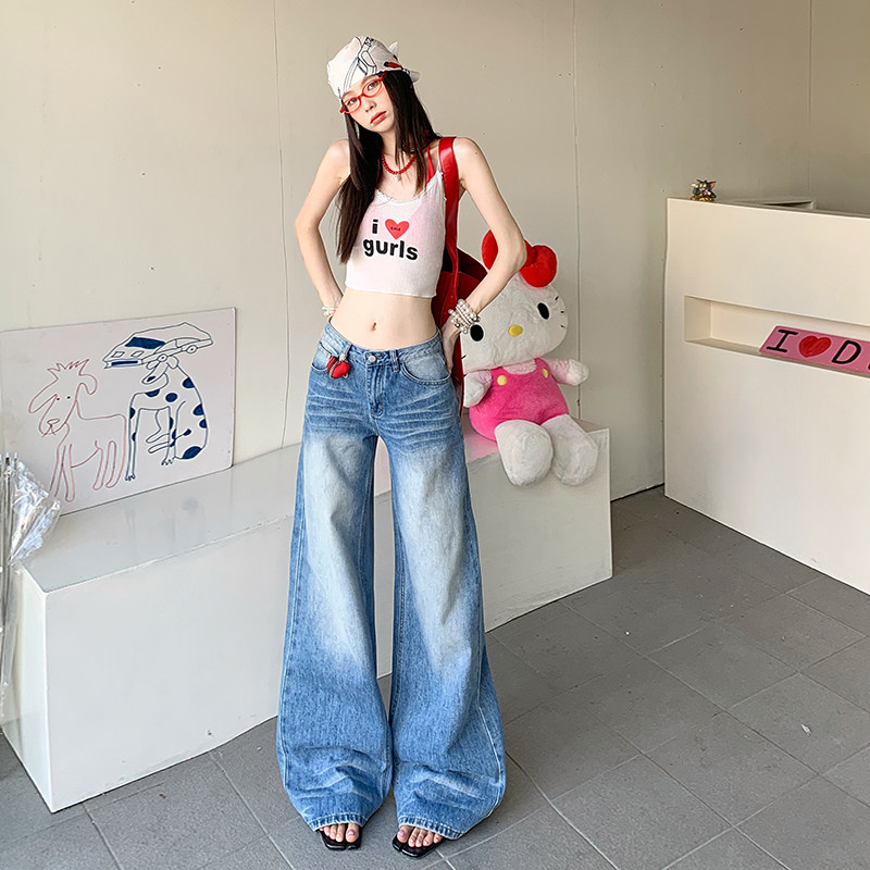 阔腿折痕做旧水洗牛仔裤女宽松显瘦做旧慵懒风垂感拖地直筒裤休闲