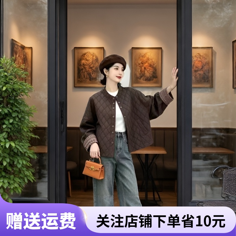 2026时尚妈妈复古菱形格短款外套女休闲百搭气质夹克短版外套