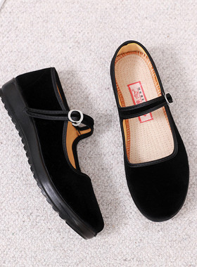 新款老北京布鞋女鞋单鞋平底上班工作鞋黑软底广场跳舞妈妈鞋防滑