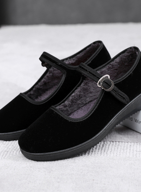 老北京布鞋女鞋平底上班鞋黑防滑工作鞋女加绒冬季棉鞋妈妈鞋软底