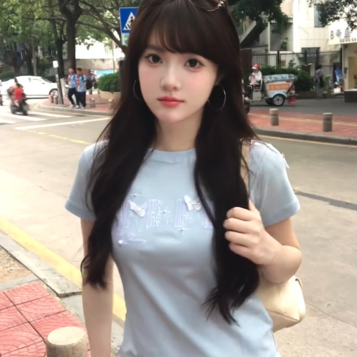 韩系蓝色蝴蝶结圆领短袖T恤女2025夏季新款宽松百搭正肩打底上衣
