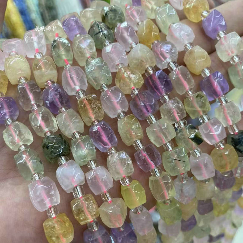 10-12mm天然原矿七彩水晶石切角方形珠串条diy手工饰品配饰材料
