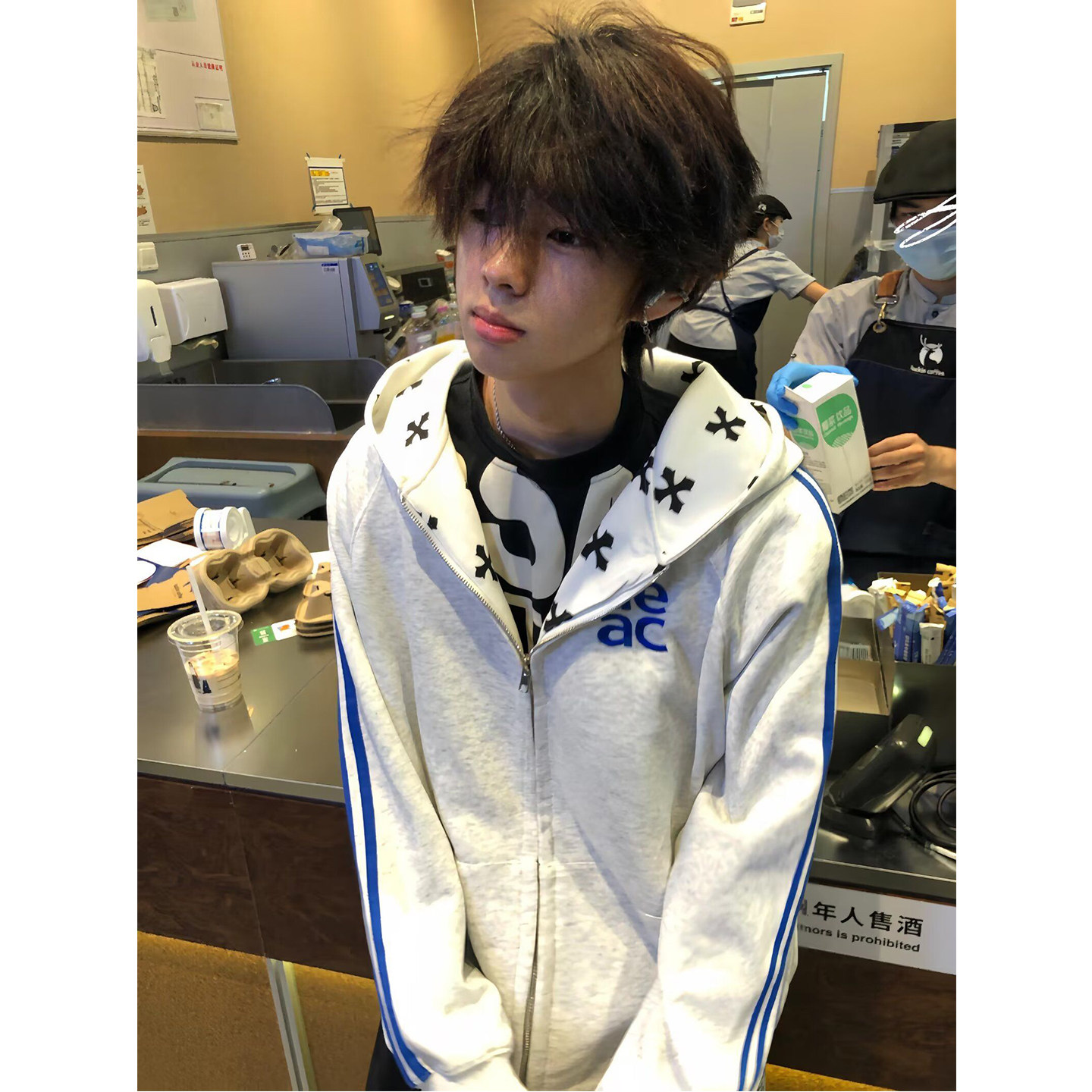 美式撞色条纹开衫连帽卫衣男潮牌