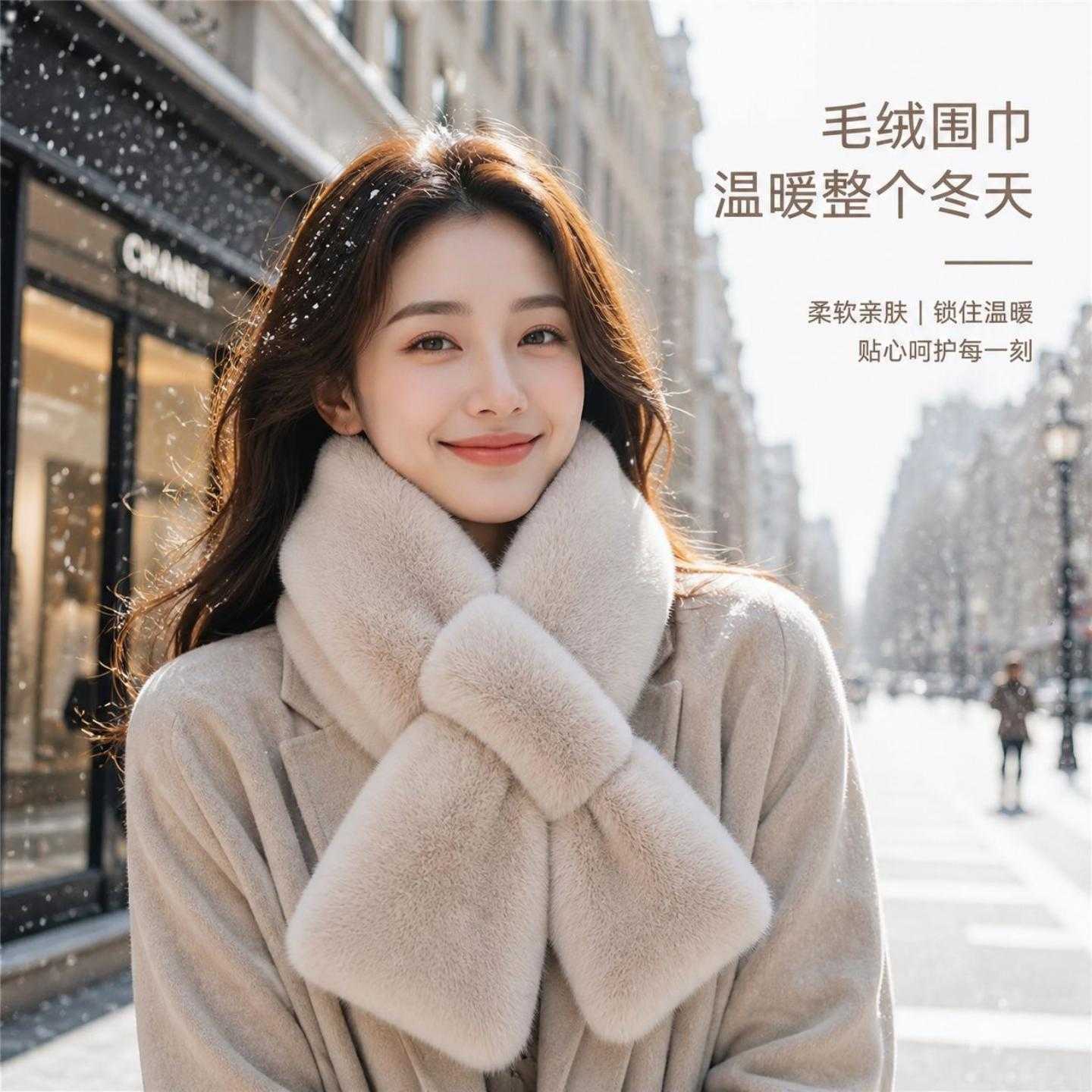 韩版仿兔毛毛绒围巾女秋冬季柔软围脖学生女纯色交叉保暖加厚围巾