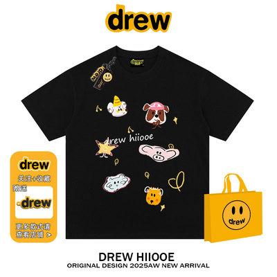 drew美式潮牌卡通涂鸦印花短袖t恤男女夏季宽松百搭情侣款上衣ins