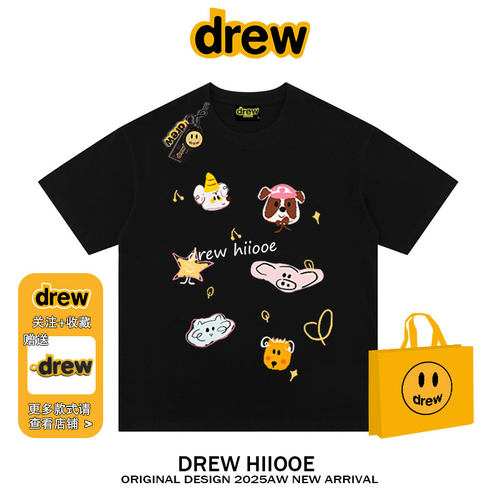 drew美式潮牌卡通涂鸦印花短袖t恤男女夏季宽松百搭情侣款上衣ins