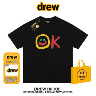 drew美式潮牌复古OK字母印花短袖t恤男女街头宽松情侣纯棉上衣INS