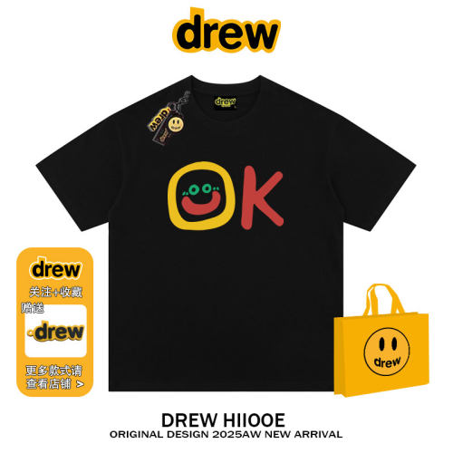 drew美式潮牌复古OK字母印花短袖t恤男女街头宽松情侣纯棉上衣INS