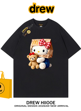 drew美式潮牌卡通HelloKitty印花纯棉短袖T恤男女宽松情侣装上衣