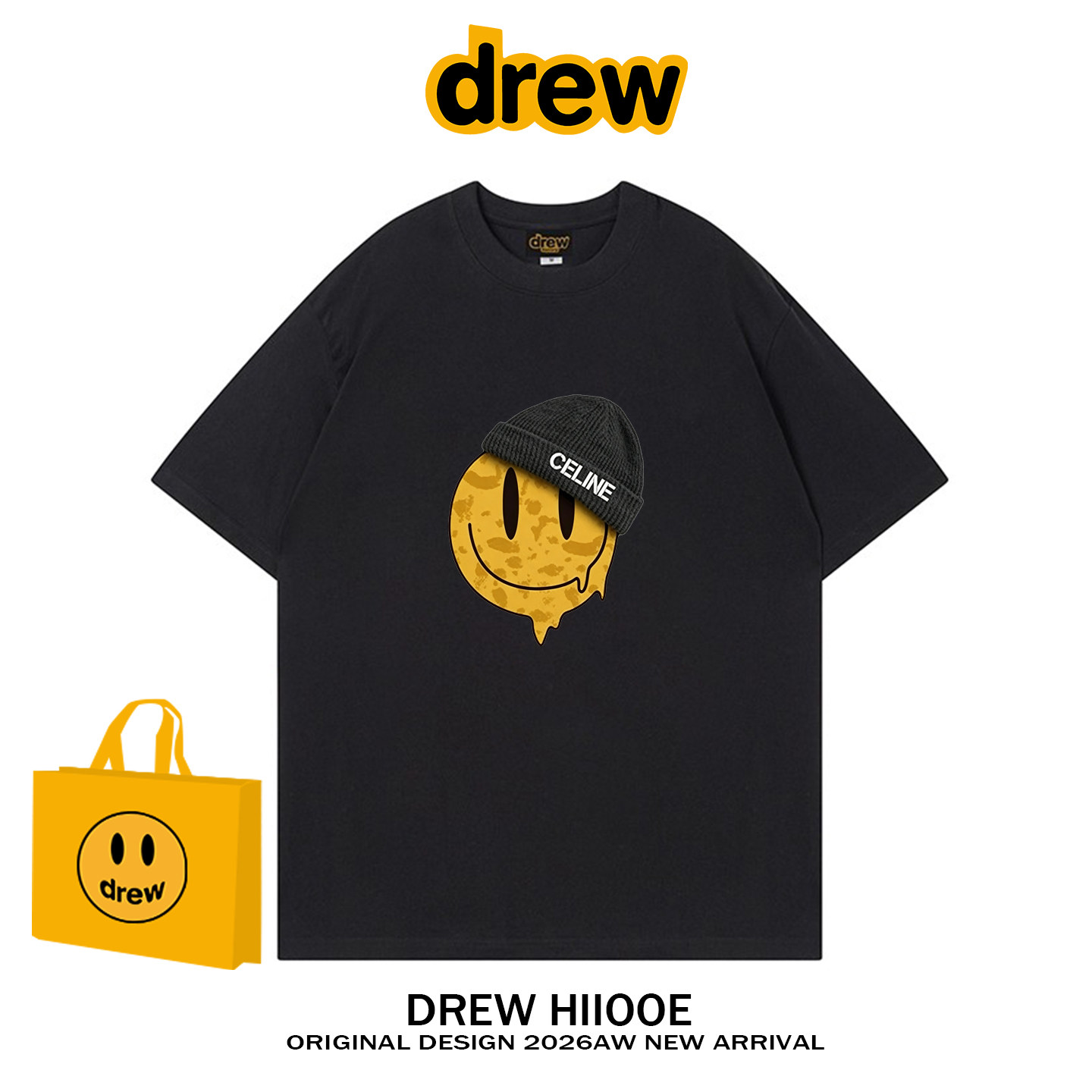 drew美式潮牌笑脸帽子印花纯棉短袖t恤男女夏季宽松休闲情侣上衣图片
