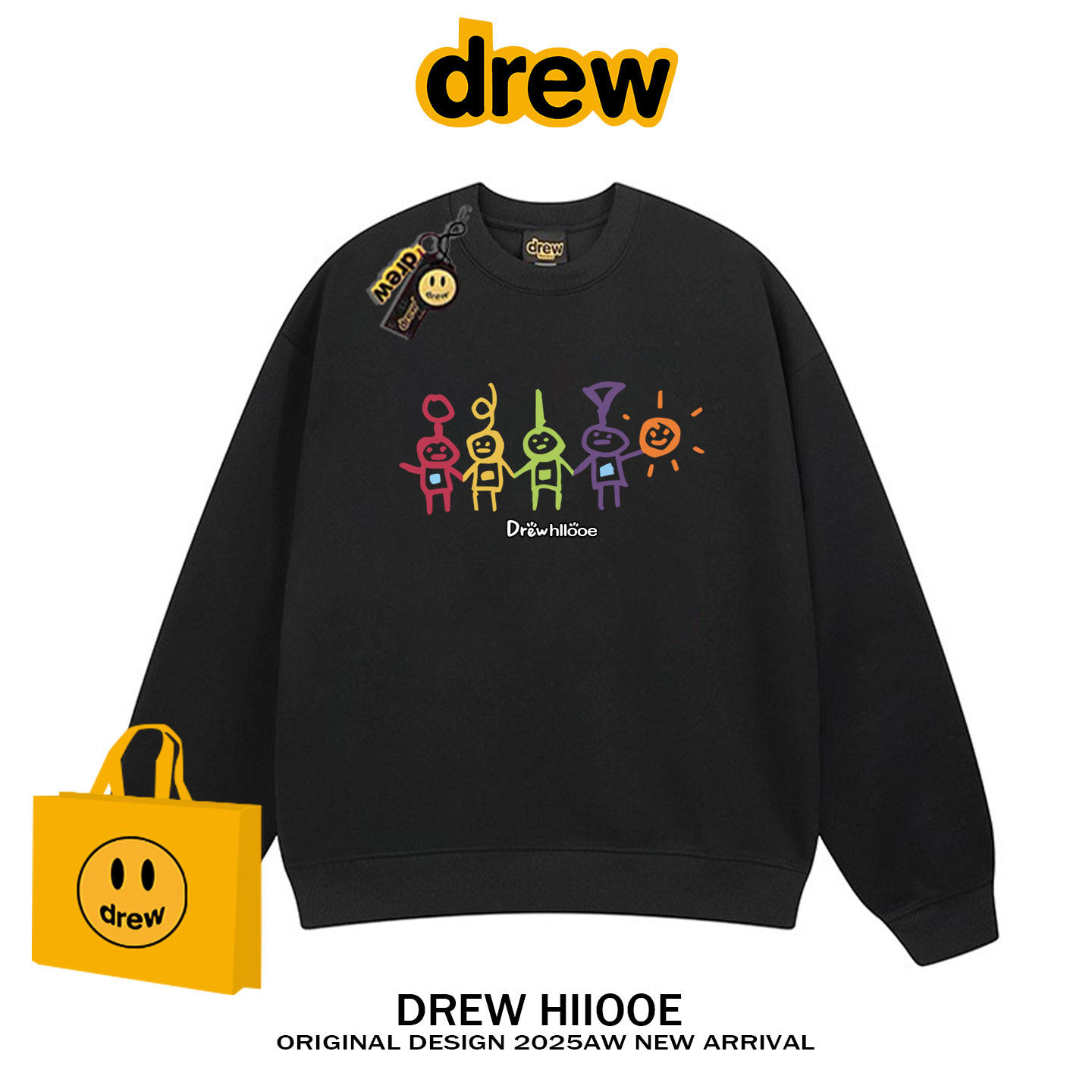 drew美式潮牌天线宝宝印花圆领卫衣秋冬加绒宽松休闲情侣套头上衣