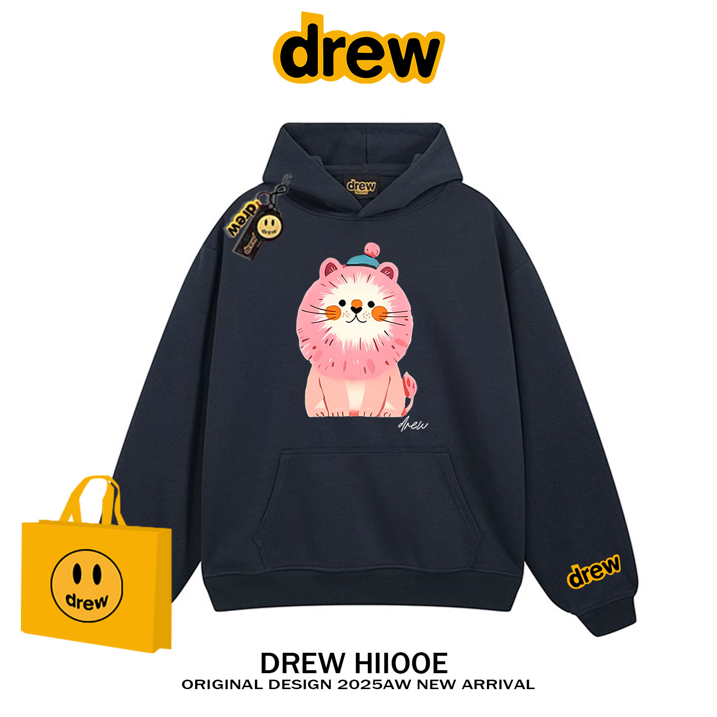 drew美式潮牌粉红狮子卡通连帽卫衣男女秋冬加绒宽松情侣帽衫外套