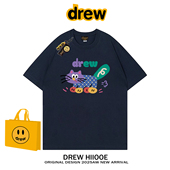 T恤男女夏季 drew美式 潮牌机器猫咪印花纯棉短袖 宽松百搭情侣上衣